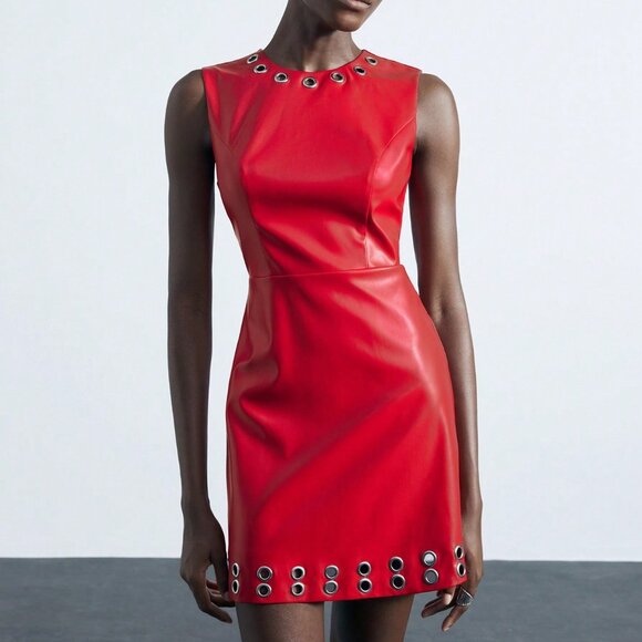 Red Casual Women's Party Dress with Eyelet Decor - Picture 4 of 7